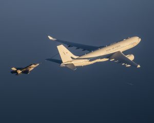 BF-04 Flt 371 piloted by LtCol Tom Fields performs aerial refueling tests with a KC-30 Voyager tanker on 16 May 2016 from NAS Patuxent River, MD