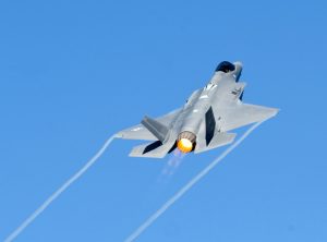 A U.S. Air Force F-35 Lightning II demonstration aircraft takes off during the AirPower over Hampton Roads Open House at Langley Air Force Base, Va., April 24, 2016. The aircraft performed alongside and F-22 Raptor and a P-51 Mustang as part of the Heritage Flight Program, which showcases the evolution of air power by flying today's state-of-the-art fighter aircraft in close formation with vintage fighter aircraft. (U.S. Air Force photo by Senior Airman R. Alex Durbin) 